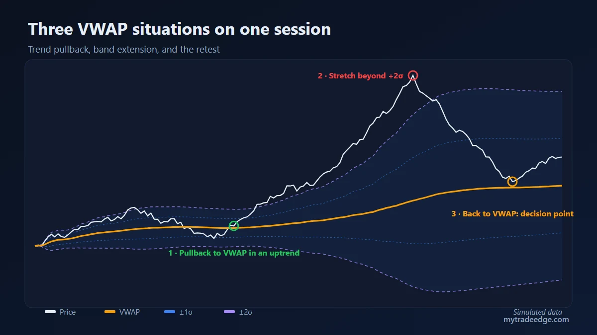 NQ intraday chart with VWAP and standard deviation bands showing a pullback, a stretch beyond 2 sigma and a retest