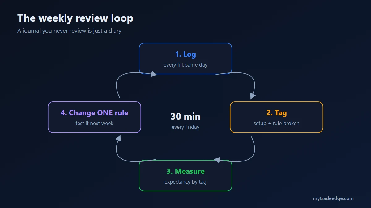 Weekly trading journal review loop: log, tag, measure, change one rule